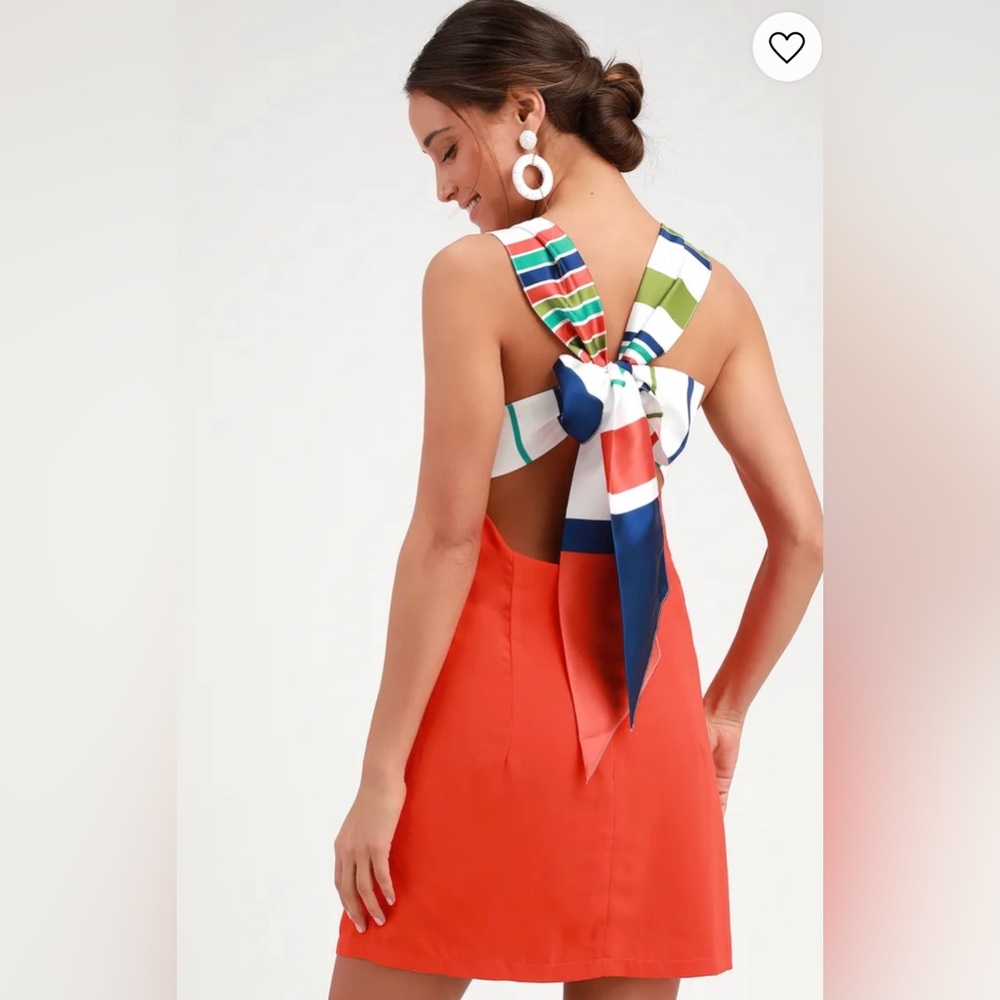 Red Orange Multicolour Tie-back Mini Dress